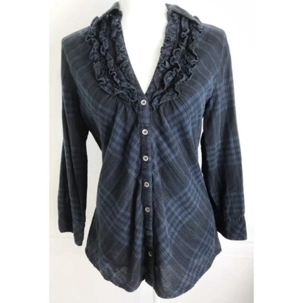 Joie • Blue Black Plaid Ruffle Button Up Blouse
